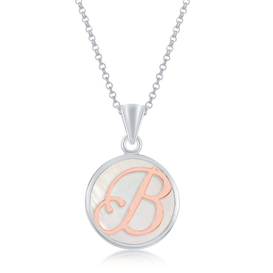 Sterling Silver MOP Pendant, Rose Gold 'B' Script Initial W/Chain