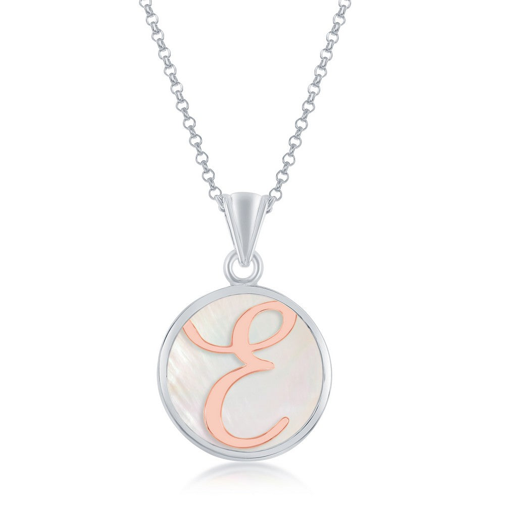 Sterling Silver MOP Pendant, Rose Gold 'E' Script Initial W/Chain