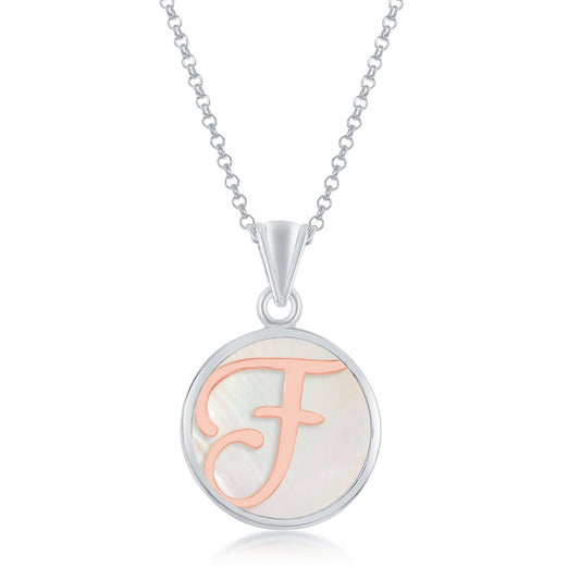 Sterling Silver MOP Pendant, Rose Gold 'F' Script Initial W/Chain