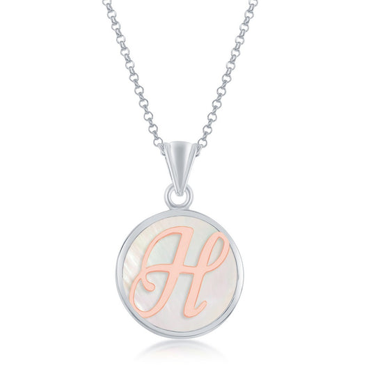 Sterling Silver MOP Pendant, Rose Gold 'H' Script Initial W/Chain