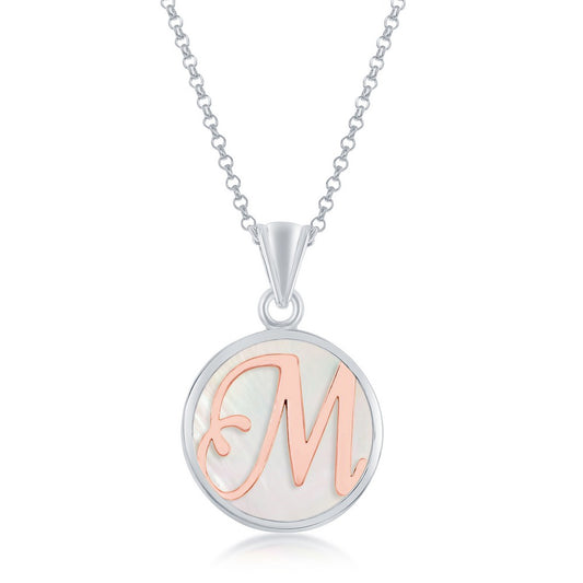 Sterling Silver MOP Pendant, Rose Gold 'M' Script Initial W/Chain