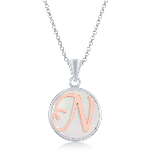 Sterling Silver MOP Pendant, Rose Gold 'N' Script Initial W/Chain