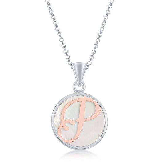 Sterling Silver MOP Pendant, Rose Gold 'P' Script Initial W/Chain