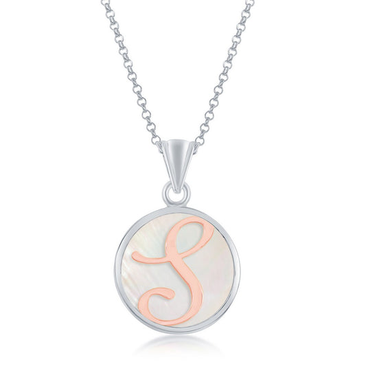Sterling Silver MOP Pendant, Rose Gold 'S' Script Initial W/Chain