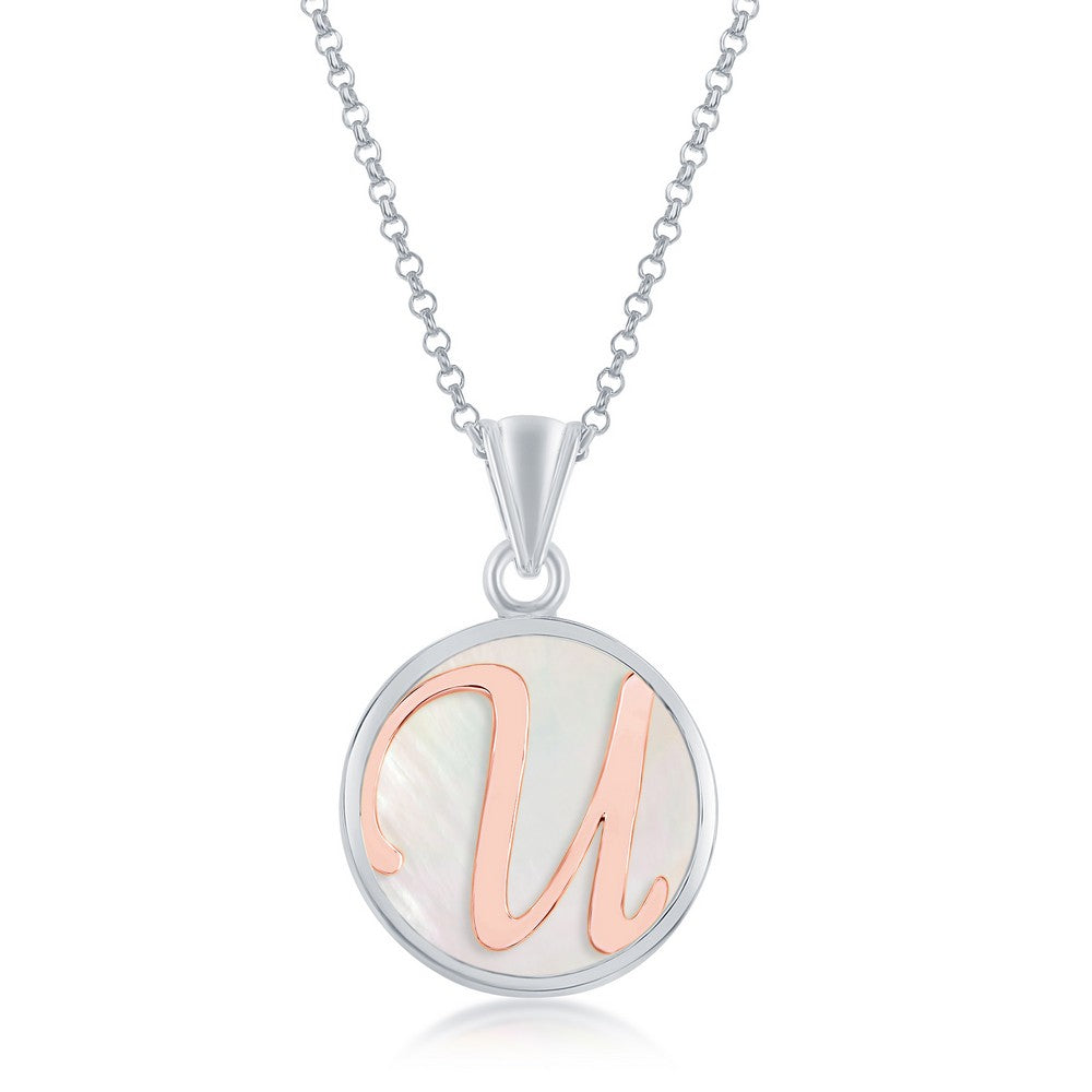 Sterling Silver MOP Pendant, Rose Gold 'U' Script Initial W/Chain