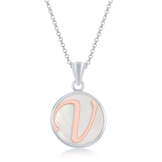 Sterling Silver MOP Pendant, Rose Gold 'V' Script Initial W/Chain