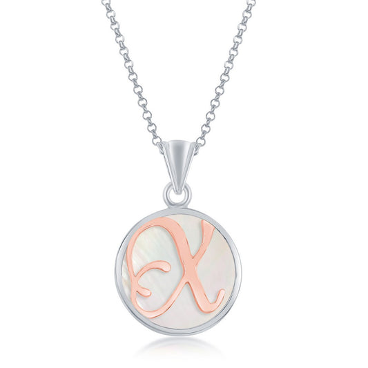 Sterling Silver MOP Pendant, Rose Gold 'X' Script Initial W/Chain
