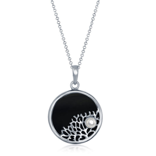 Sterling Silver Tree Branch with Small Pearl Round Pendant - Onyx