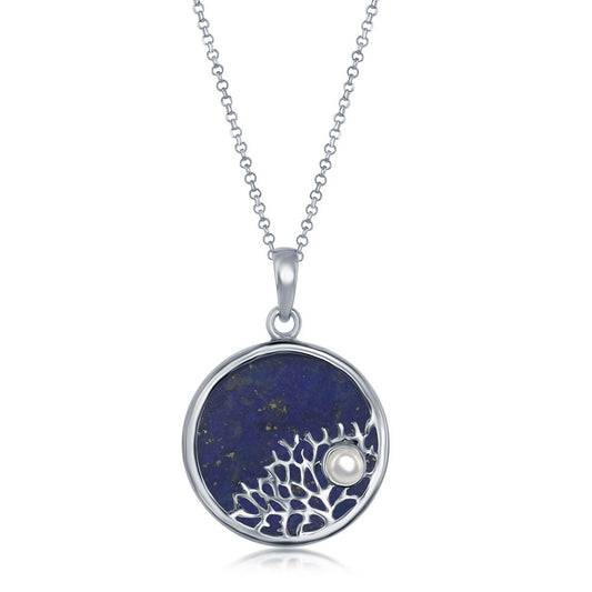 Sterling Silver Tree Branch with Small Pearl Round Pendant - Lapis