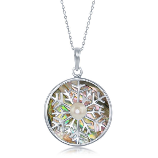 Serling Silver Round Abalone Snowflake with Center Freshwater Pearl Pendant w/chain