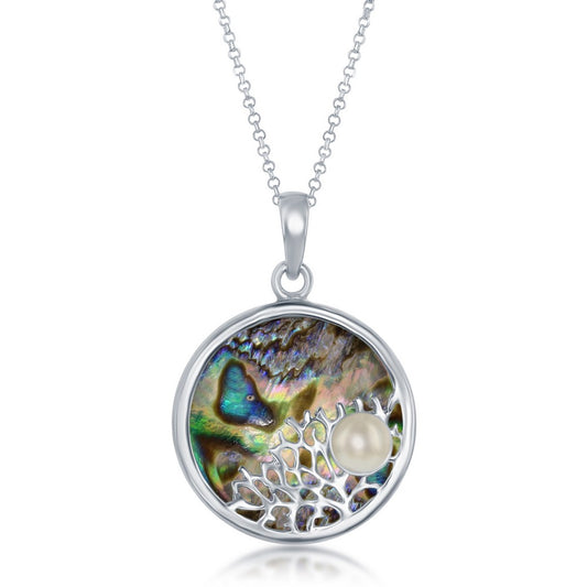 Sterling Silver Round Abalone Tree Branch with Freshwater Pearl Pendant w/Chain