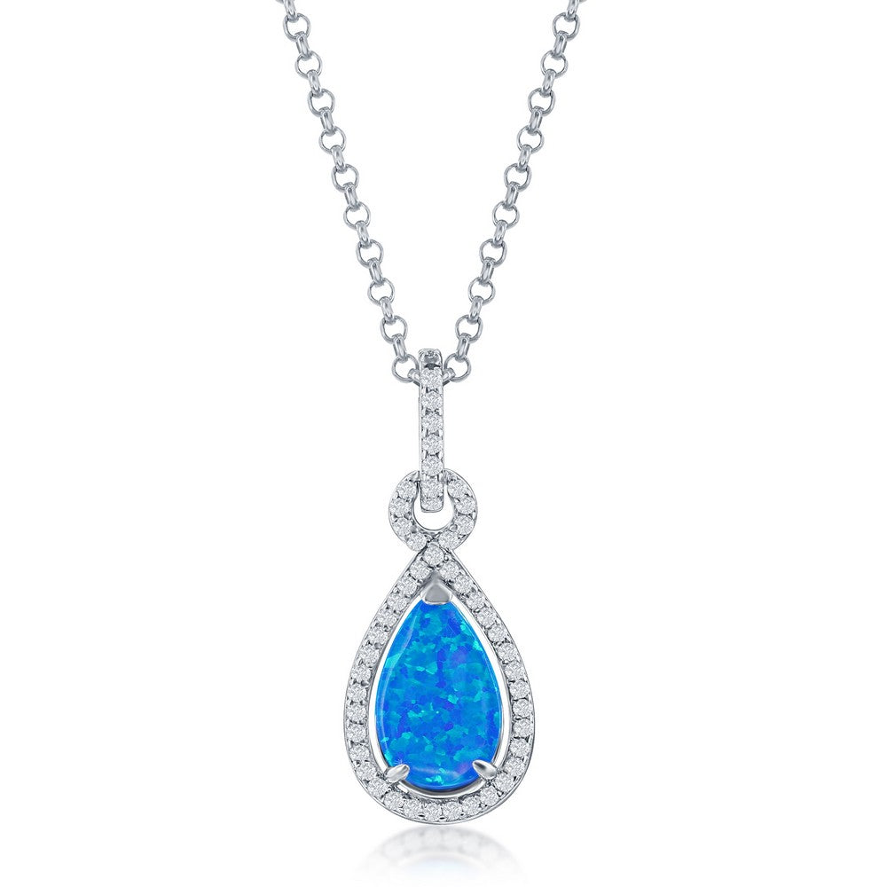 Sterling Silver Blue Opal Pearshaped with CZ Border Pendant