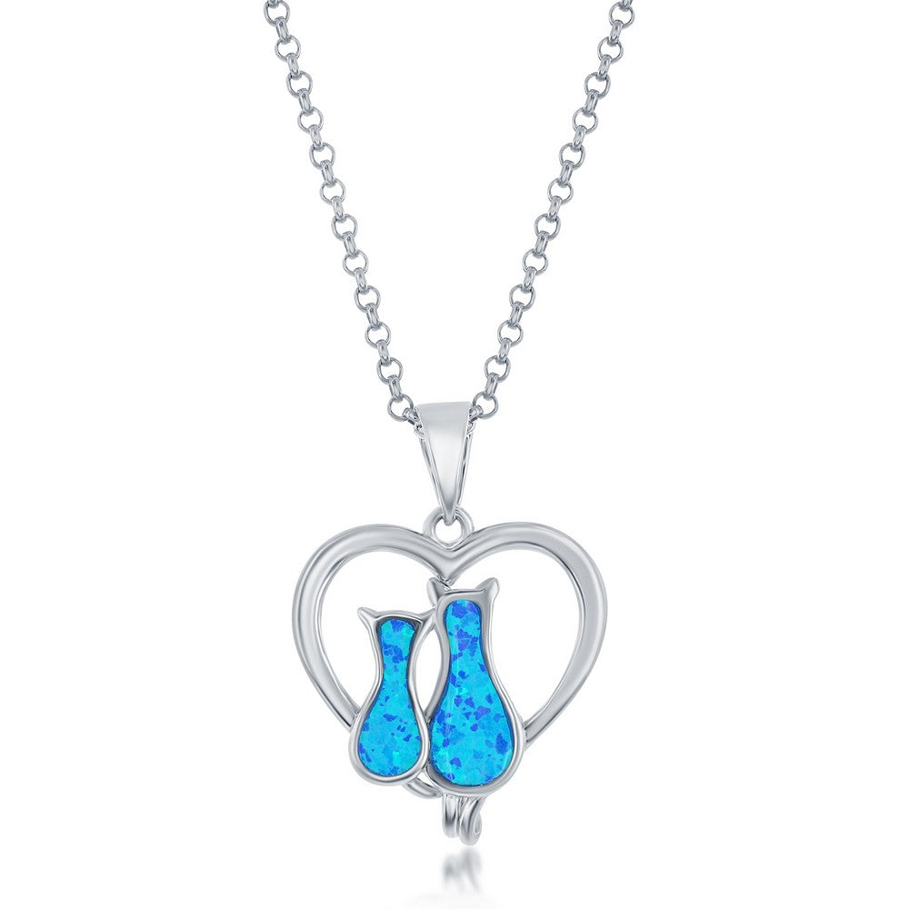 Sterling Silver Blue Opal Cats in a Heart Pendant