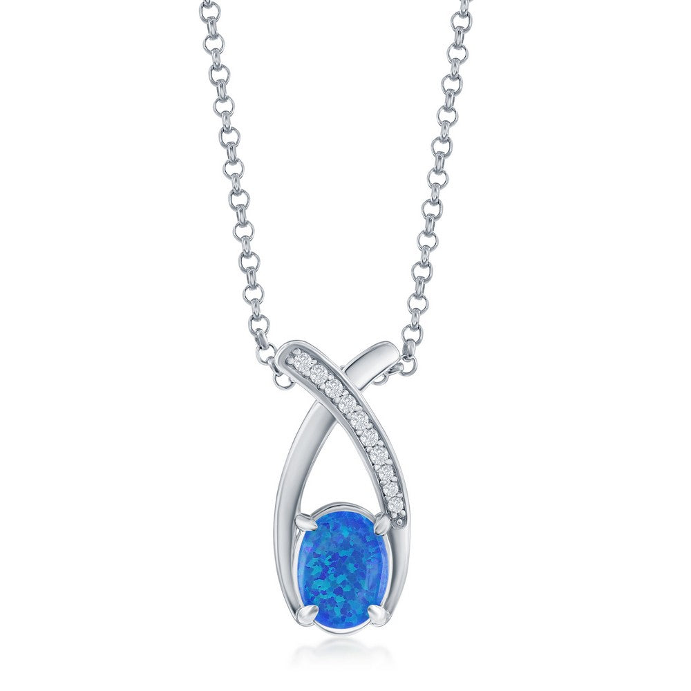 Sterling Silver Oval Blue Opal with CZ Pendant