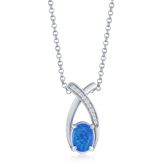 Sterling Silver Oval Blue Opal with CZ Pendant