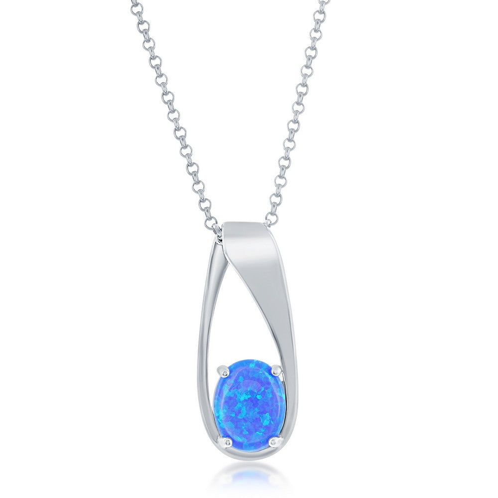 Sterling Silver Oval Blue Opal Long Pendant