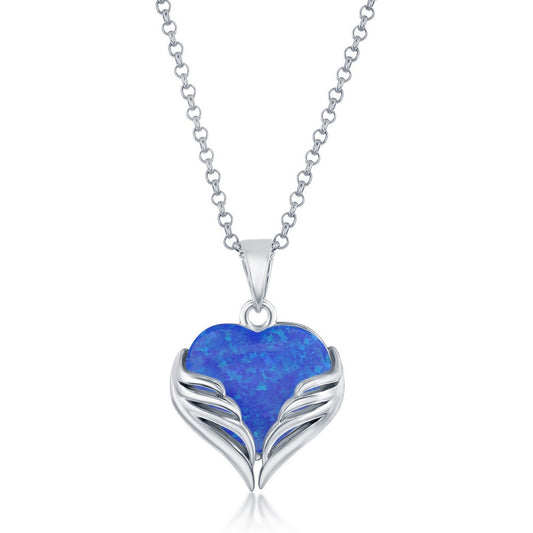 Sterling Silver Blue Opal Heart Angel Wings Pendant