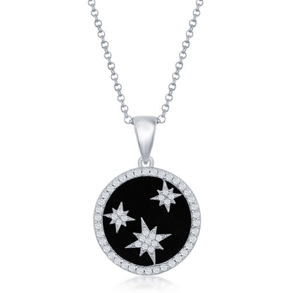 Sterling Silver CZ North Stars Round Onyx Pendant