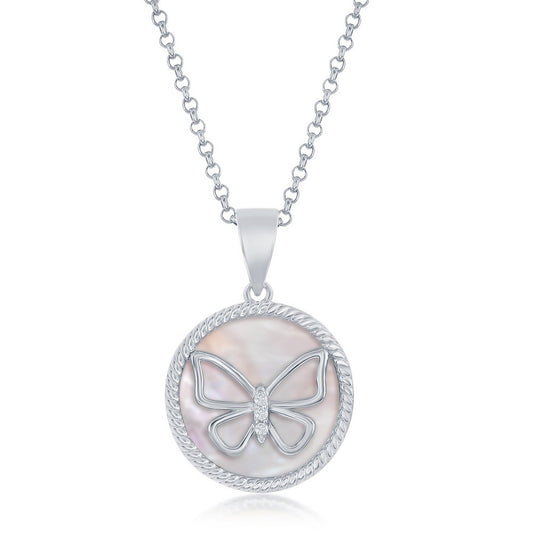 Sterling Silver CZ Butterfly Round Pink MOP Pendant