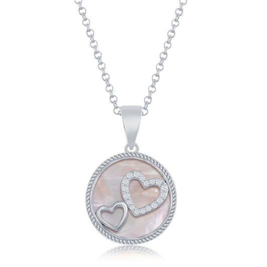 Sterling Silver Double Heart CZ Round Pink MOP Pendant