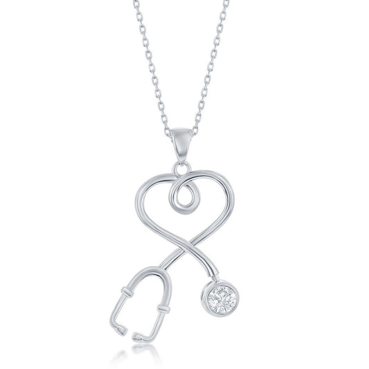 Sterling Silver Heart Stethoscope CZ Pendant