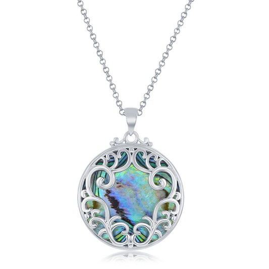 Sterling Silver Designed Round Abalone Pendant w/chain