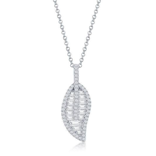 Sterling Silver Round & Baguette CZ Leaf Pendant