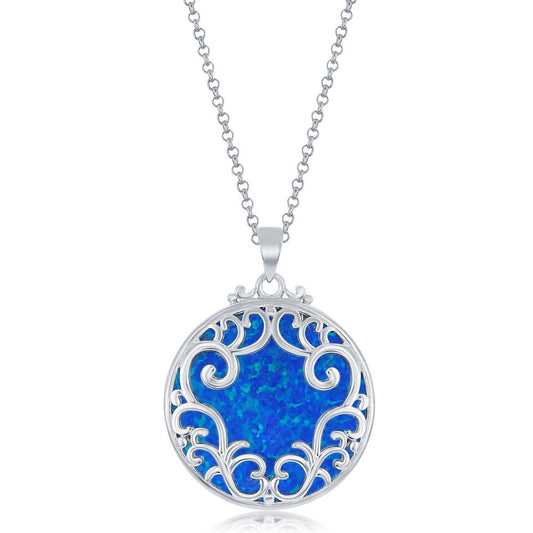 Sterling Silver Round Filigree Design Round Blue Opal Pendant w/Chain