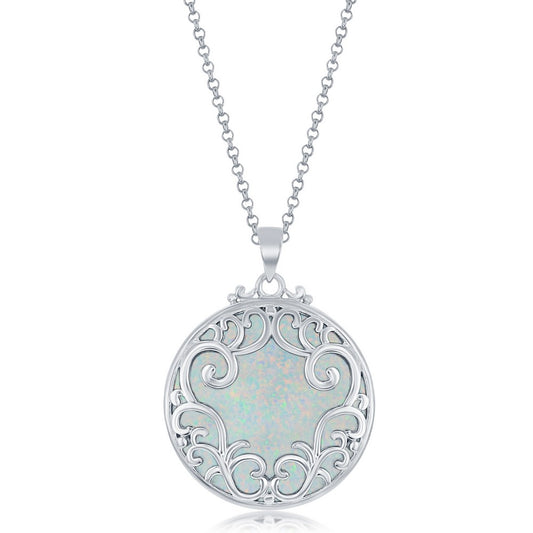 Sterling Silver Round Filigree Design Round White Opal Pendant w/Chain