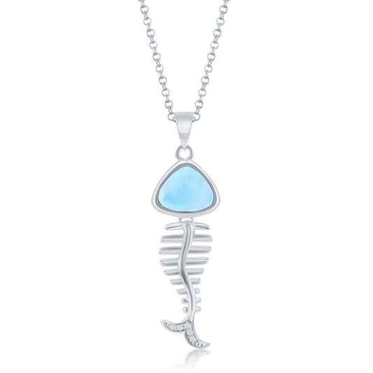 Sterling Silver Larimar and CZ Fish Skeleton Pendant