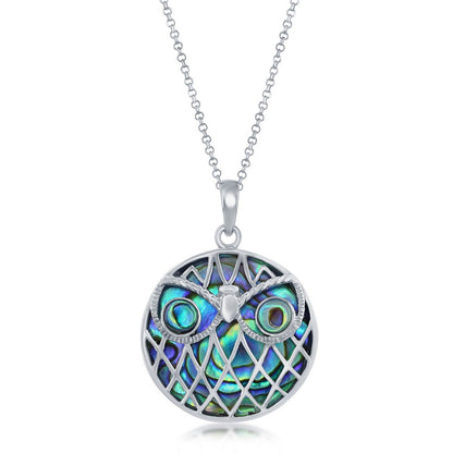 Sterling Silver Abalone Round Owl Pendant w/chain