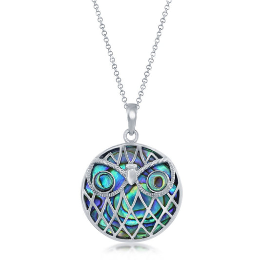 Sterling Silver Abalone Round Owl Pendant w/chain