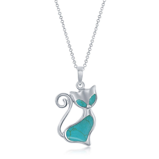 Sterling Silver Created Turquoise Cat Pendant