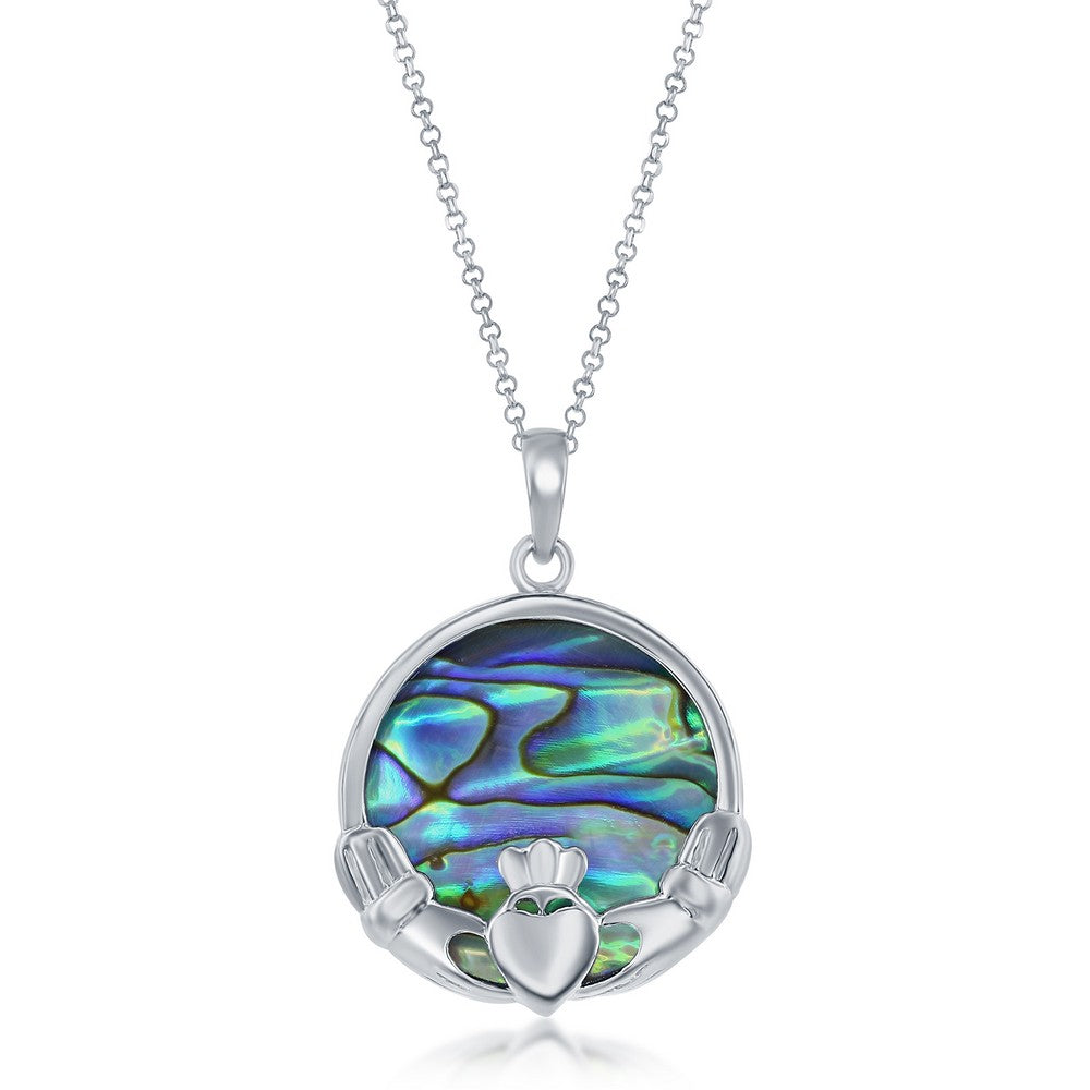 Sterling Silver Abalone Round Claddagh Pendant w/chain