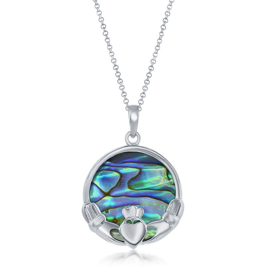 Sterling Silver Abalone Round Claddagh Pendant w/chain