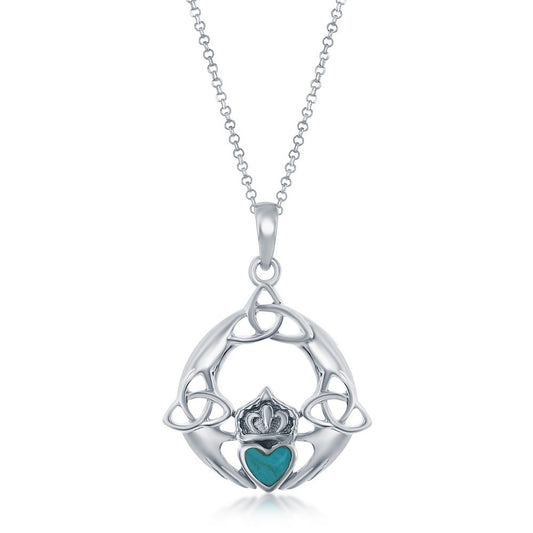 Sterling Silver Heart Celtic Claddagh Design Pendant - Turquoise