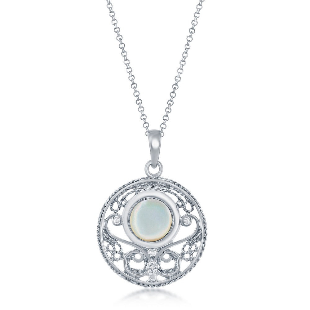 Sterling Silver Designed Round Pendant w/chain - White MOP