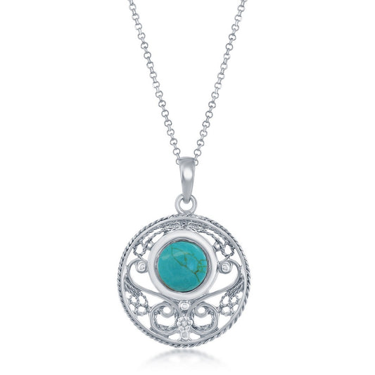 Sterling Silver Designed Round Pendant w/chain - Turquoise