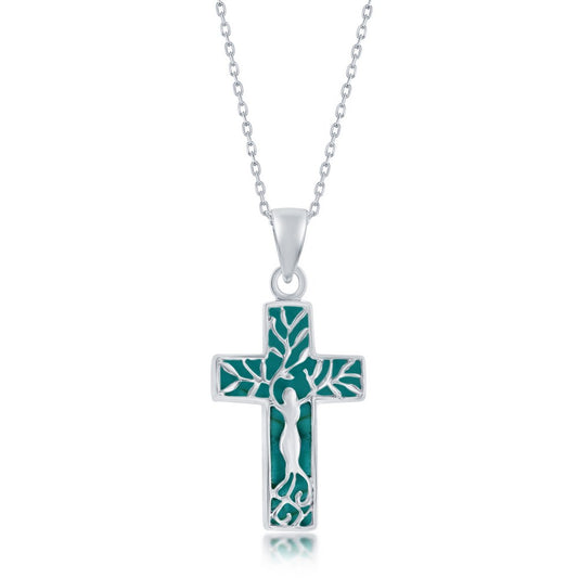 Sterling Silver Cross Pendant - Created Turquoise