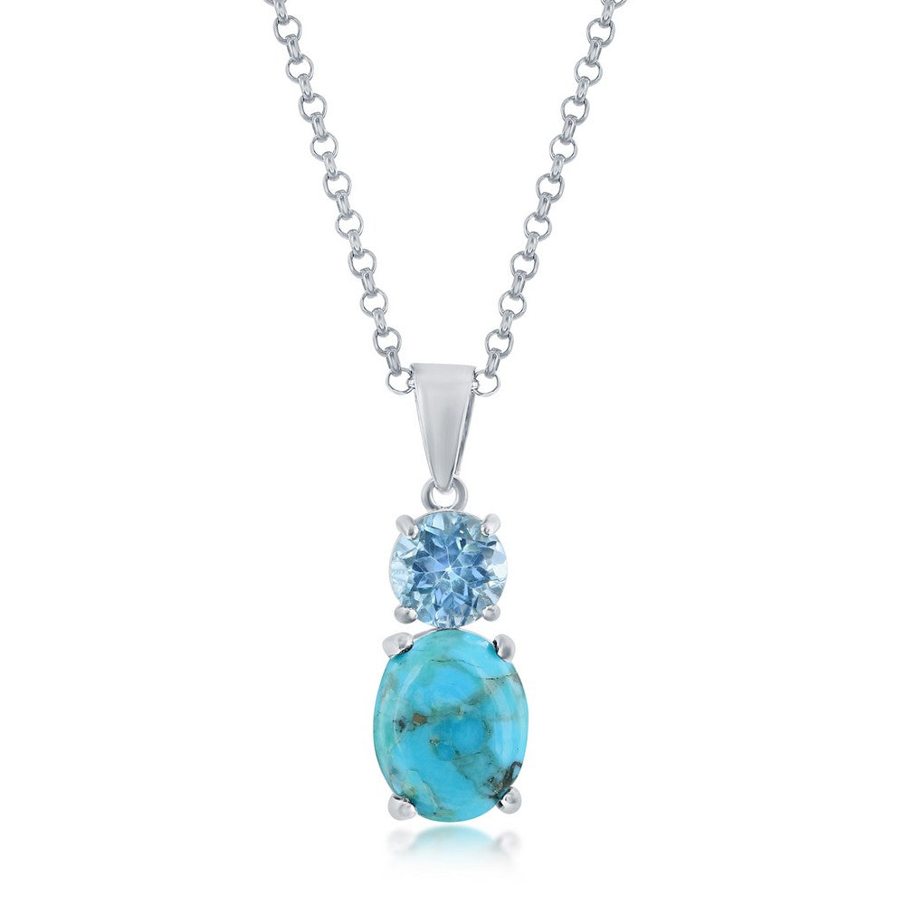 Sterling Silver Oval Turquoise & Round Gem Pendant - Blue Topaz