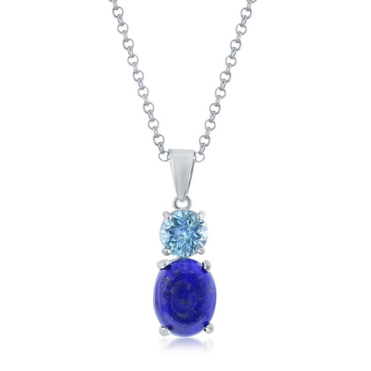 Sterling Silver Oval Lapis & Round Gem Pendant - Blue Topaz