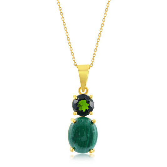 Sterling Silver Oval Malachite w/ Round Chrome Diopside Pendant - Gold Plated