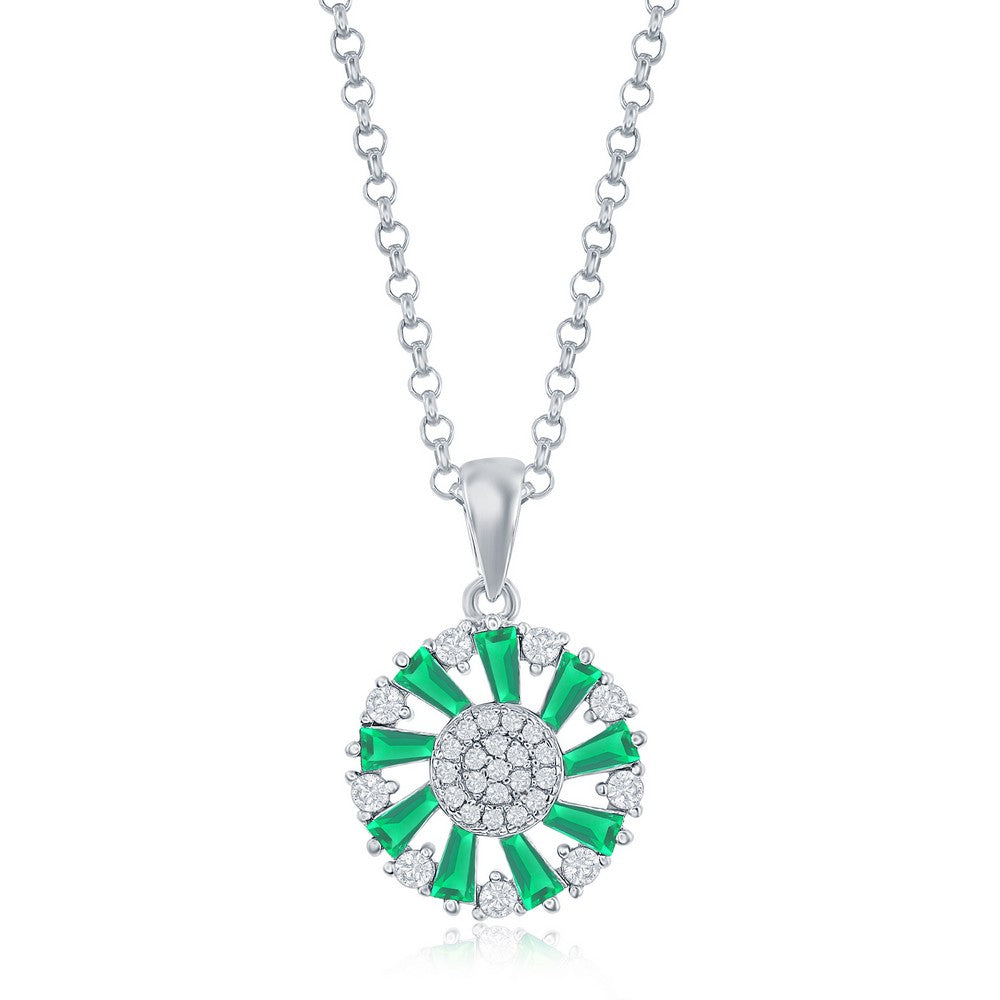 Sterling Silver Baguette CZ Cricle Pendant - Emerald