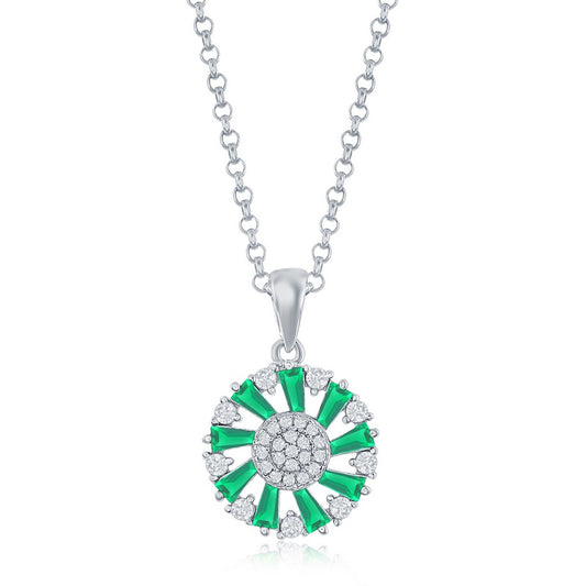 Sterling Silver Baguette CZ Cricle Pendant - Emerald