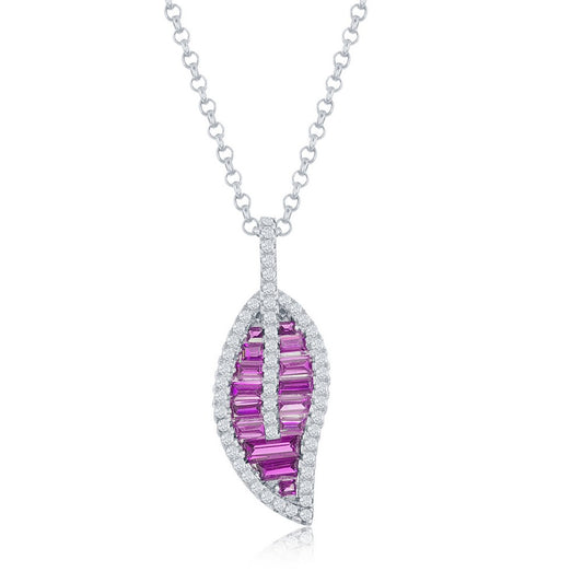 Sterling Silver Round & Baguette CZ Leaf Pendant - Light Ruby CZ