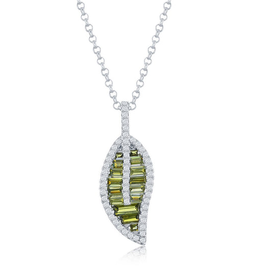 Sterling Silver Round & Baguette CZ Leaf Pendant - Peridot CZ