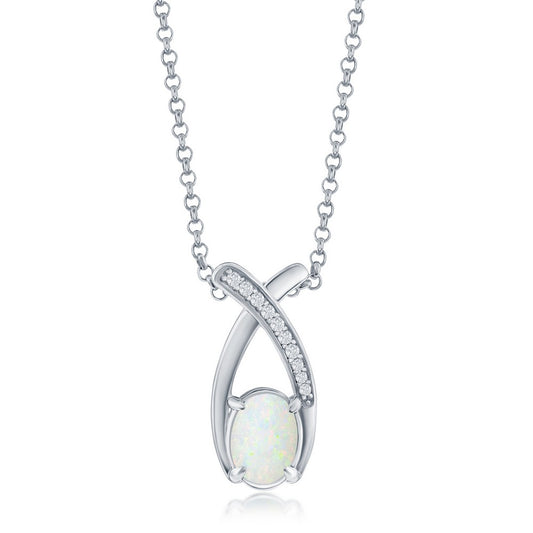 Sterling Silver Oval White Opal with CZ Pendant