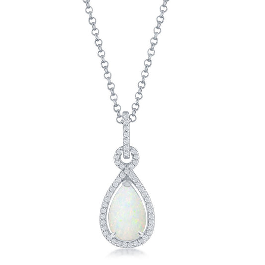 Sterling Silver White Opal Pearshaped with CZ Border Pendant