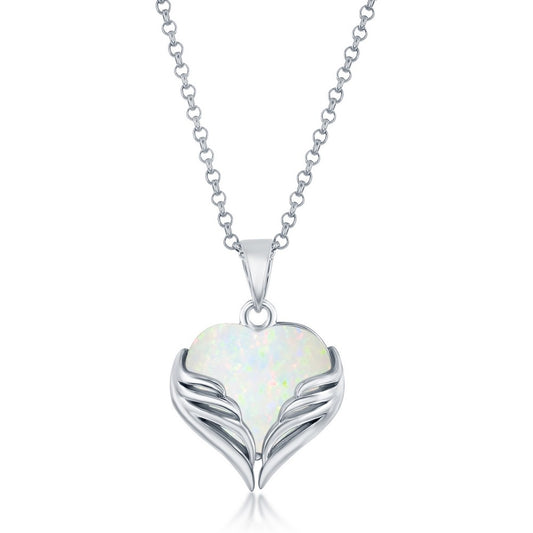 Sterling Silver White Opal Heart Angel Wings Pendant