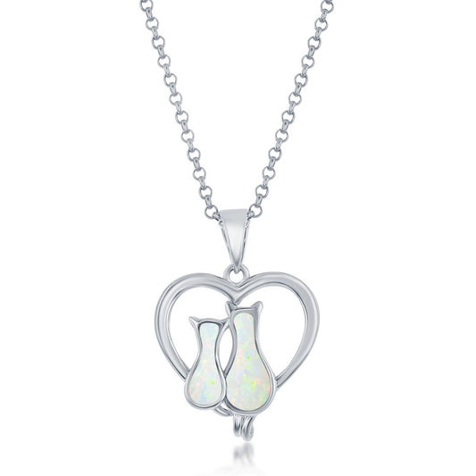 Sterling Silver White Opal Cats in a Heart Pendant